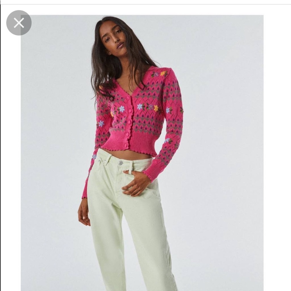Zara hand embroidered pink floral knit sweater